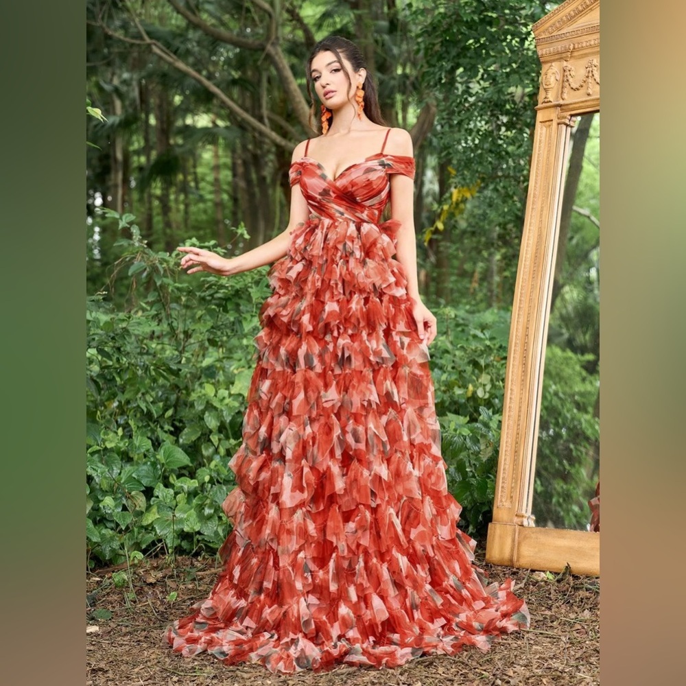 Elegant Off Shoulder Floral Printed Tulle Maxi Prom Dress